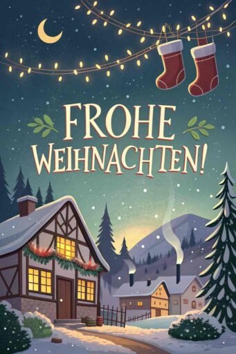 A cozy and inviting greeting card with "Merry Christmas in German" written as "Frohe Weihnachten!" in bold letters, with a background of a snowy village and Christmas stockings.