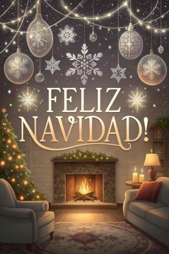 This warm Christmas card showcases "Merry Christmas in Spanish" as "¡Feliz Navidad!" with sparkling ornaments, snowflakes, and a cozy fireplace in the background.