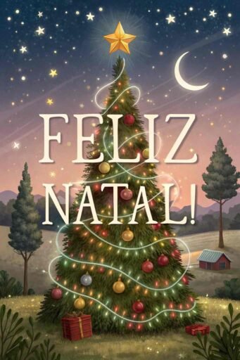 This joyful card showcases "Merry Christmas in Portuguese" as "Feliz Natal!" surrounded by colorful Christmas lights and a decorated tree.