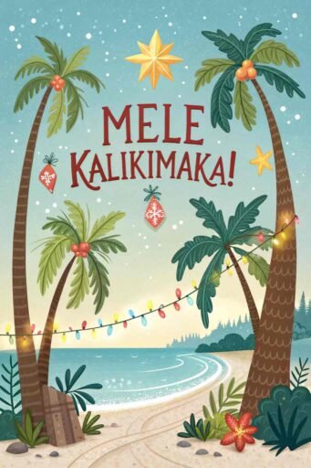 A vibrant Christmas card displaying "Merry Christmas in Hawaiian" as "Mele Kalikimaka!" with Christmas lights, stars, and a festive beach scene.