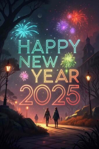 A neon-lit modern scene with "happy new year 2025 hd image" as the central text.