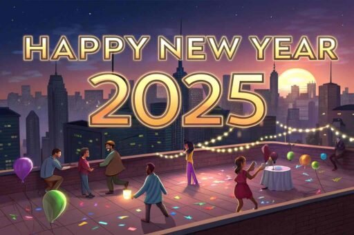 A rooftop celebration with city lights and "happy new year 2025 hd image" featured prominently.