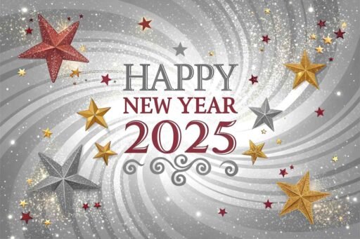 A silver sparkle swirl with "happy new year 2025 hd image".