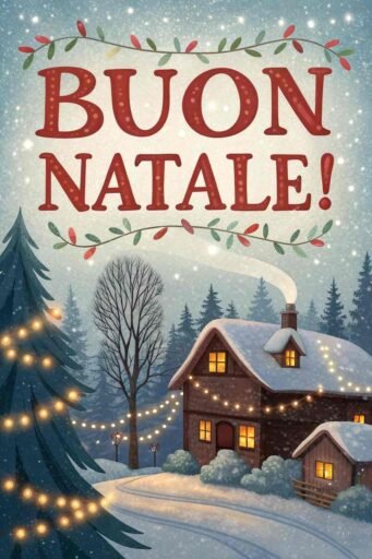 A warm and cheerful greeting card with "Merry Christmas in Italian" as "Buon Natale!" written in festive red letters, surrounded by a snowy scene and holiday lights.