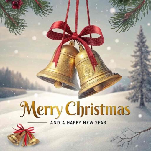 A festive "merry christmas and a happy new year pic" featuring glowing golden text and decorative bells.