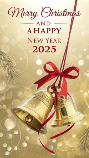 An elegant "merry christmas and happy new year 2025 image" with bells and shimmering golden hues.