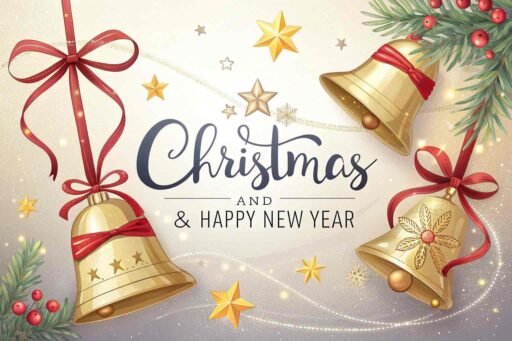 A picture of merry christmas and happy new year featuring golden bells. "Merry Christmas and A Happy New Year" is written clearly in large text.