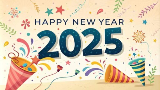 A fun and festive "happy new year 2025 image for download" featuring bold text and party poppers bursting with joy.