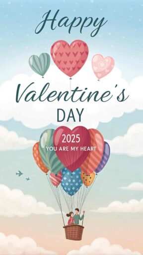 Celebrate love with flying heart balloons and elegant calligraphy for the most heartfelt "happy valentine's day 2025 images."