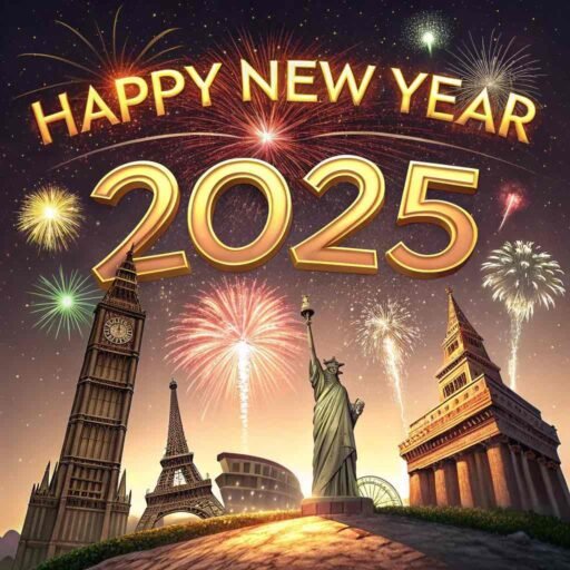 A breathtaking "happy new years eve 2025 image" featuring landmarks and large "HAPPY NEW YEAR 2025" text glowing amid fireworks.