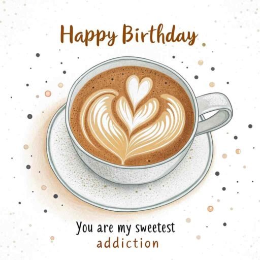 A cozy birthday greeting with a cup of coffee. "Happy birthday" in large letters, with "You're the love that warms my soul" beneath.