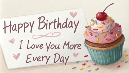 A sweet birthday wish with a cupcake and love note. "Happy birthday" in big letters and a romantic message like "You're my best friend and soulmate."