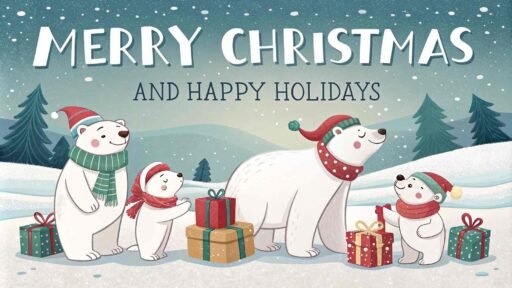 A cute "merry christmas and happy holidays image" with polar bears and gifts.