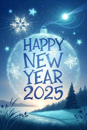 A glowing blue and white design with "happy new year 2025 hd image" in large, bold font.