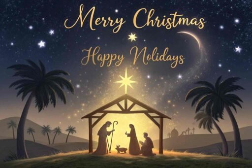 A serene "merry christmas and happy holidays image" featuring a nativity scene and clear text.