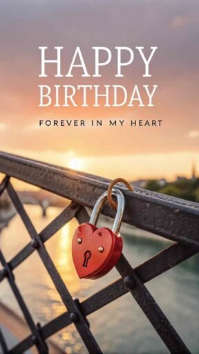 A romantic image featuring a love lock. "Happy birthday" in bold letters, with sweet words like "You're my forever love" beneath it.