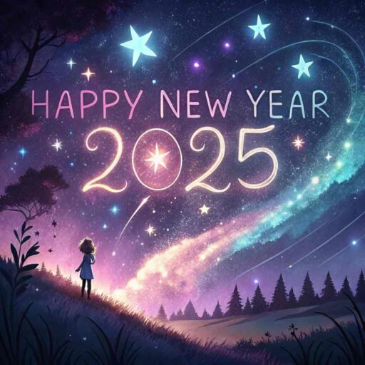 A celestial galaxy-themed backdrop with "happy new year 2025 hd image" in glowing text.