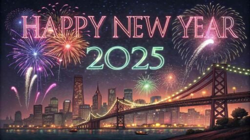 A stunning cityscape with fireworks and "happy new year 2025 hd image" in neon-style lights.