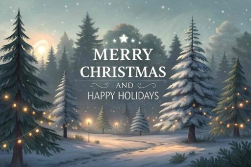 A glowing "merry christmas and happy holidays image" set in a magical pine forest with clear holiday text.