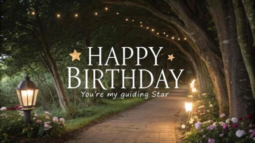 A heartfelt birthday greeting with a starry path. "Happy birthday" in bold letters, with "You light my way" written below.