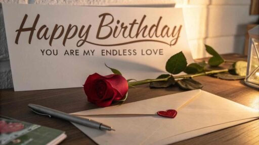 A romantic birthday wish with a red rose and love letters. "Happy birthday" in bold letters, with "You are my forever" written below.