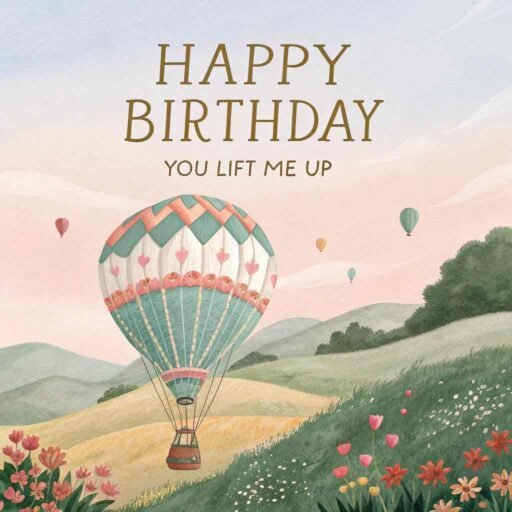 A dreamy birthday greeting with a hot air balloon. "Happy birthday" in bold letters, with "You make my life soar" written below.