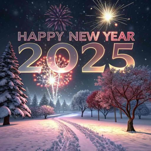 A festive snowy scene with fireworks and "happy new year 2025 hd image" lighting up the background.