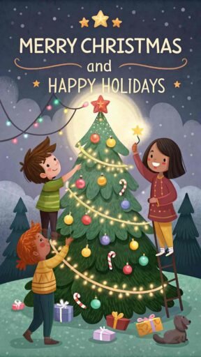 A cheerful "merry christmas and happy holidays image" showing kids decorating a festive Christmas tree.