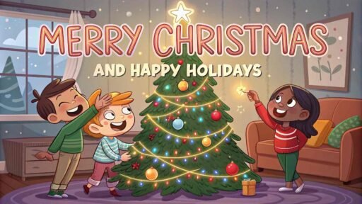 A cheerful "merry christmas and happy holidays image" showing kids decorating a festive Christmas tree.