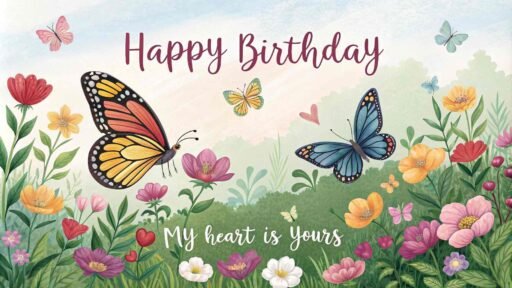 A vibrant and beautiful birthday greeting with butterflies and flowers. "Happy birthday" in big letters, with "You make life beautiful" written below.