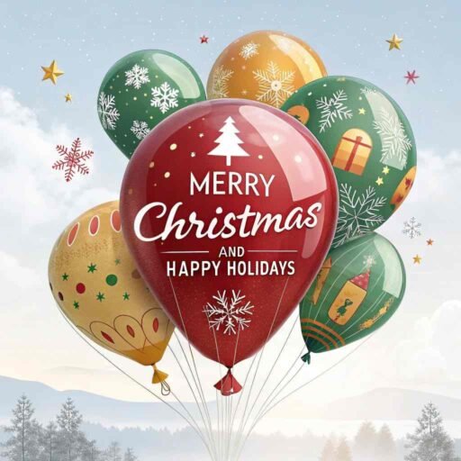 A joyful "merry christmas and happy holidays image" featuring colorful balloons and bold text.