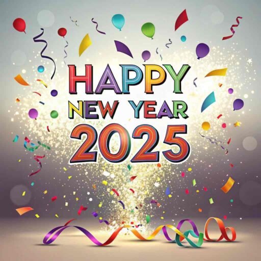 A colorful confetti and light scene with "happy new year 2025 hd image" prominently featured.