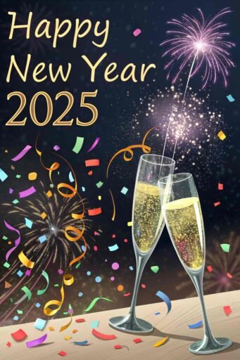 A party celebration scene with "happy new year 2025 hd image" in bold, festive typography.