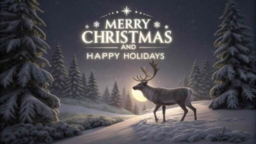 A serene "merry christmas and happy holidays image" with reindeer and snow.