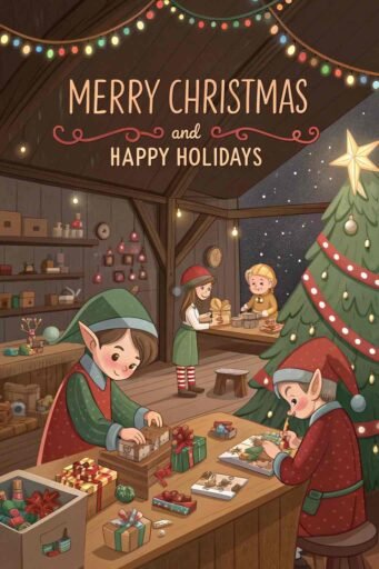 A fun "merry christmas and happy holidays image" showcasing Santa’s workshop and festive text.