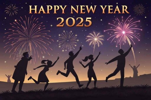 A lively silhouette celebration with "happy new year 2025 hd image" illuminated in the sky.