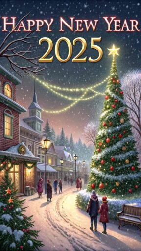 A Christmas-to-New-Year themed image with "happy new year 2025 hd image" overlaid in bold letters