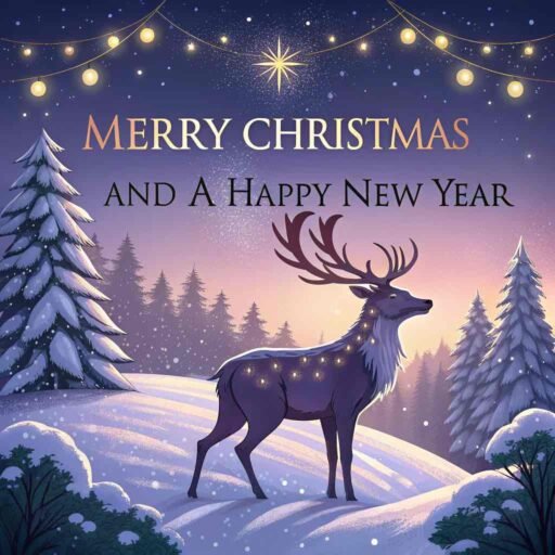A picture of merry christmas and happy new year featuring reindeer in the snow. "Merry Christmas and A Happy New Year" is prominently displayed.