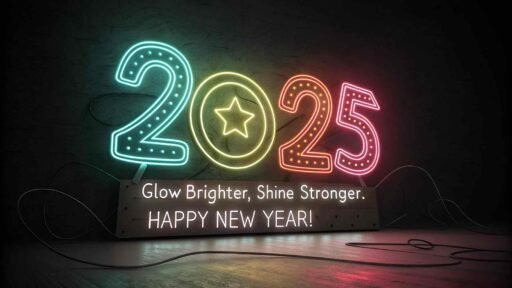A happy new year 2025 wish image with quote showcasing vibrant neon lights and a powerful New Year message.