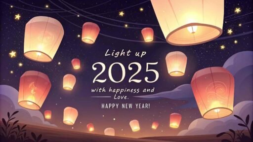 A happy new year 2025 wish image with quote showing lanterns, stars, and a warm inspirational greeting.
