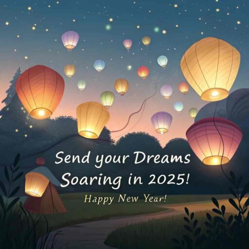 A happy new year 2025 wish image with quote showing lanterns, stars, and a warm inspirational greeting.