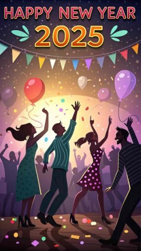 A dynamic party scene illustrating "happy new year funny pic" with music and dancing vibes.