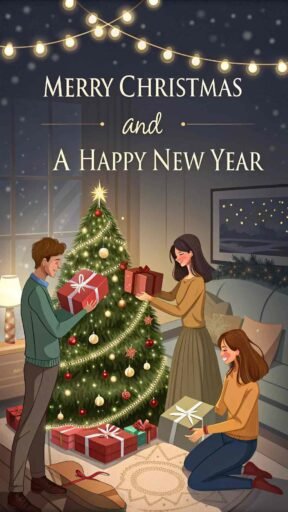 A heartwarming image of Merry Christmas and a Happy New Year with people exchanging gifts under a decorated Christmas tree.