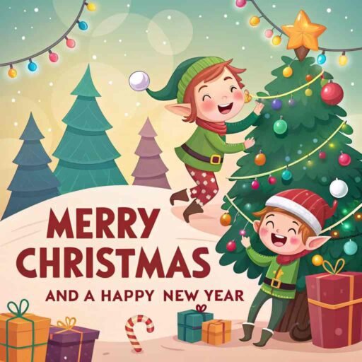 A picture of merry christmas and happy new year featuring cheerful elves. "Merry Christmas and A Happy New Year" is clearly written in bold text.