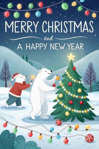 A playful image of Merry Christmas and a Happy New Year featuring polar bears in a snowy festive setting.