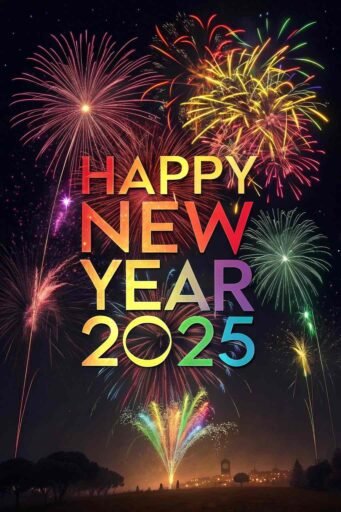 Picture of happy new year 2025 with rainbow fireworks and multicolored bold text.