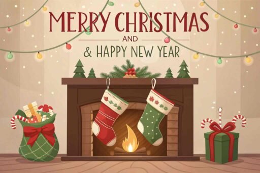 A picture of merry christmas and happy new year with festive stockings. "Merry Christmas and A Happy New Year" is clearly visible in bold letters.