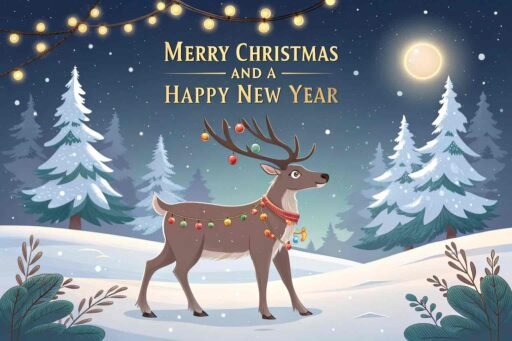 A magical image of Merry Christmas and a Happy New Year featuring reindeer with jingle bells in a snowy scene.