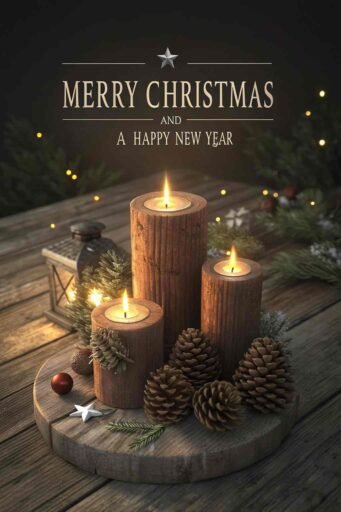 A cozy image of Merry Christmas and a Happy New Year with rustic wooden decorations and glowing candles.