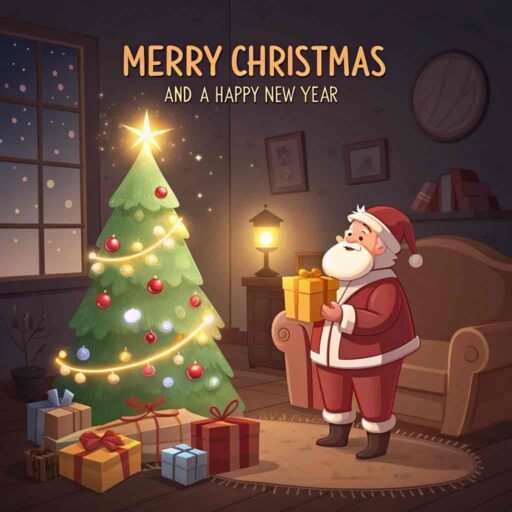 A charming image of Merry Christmas and a Happy New Year showing Santa placing gifts under a beautifully lit Christmas tree.
